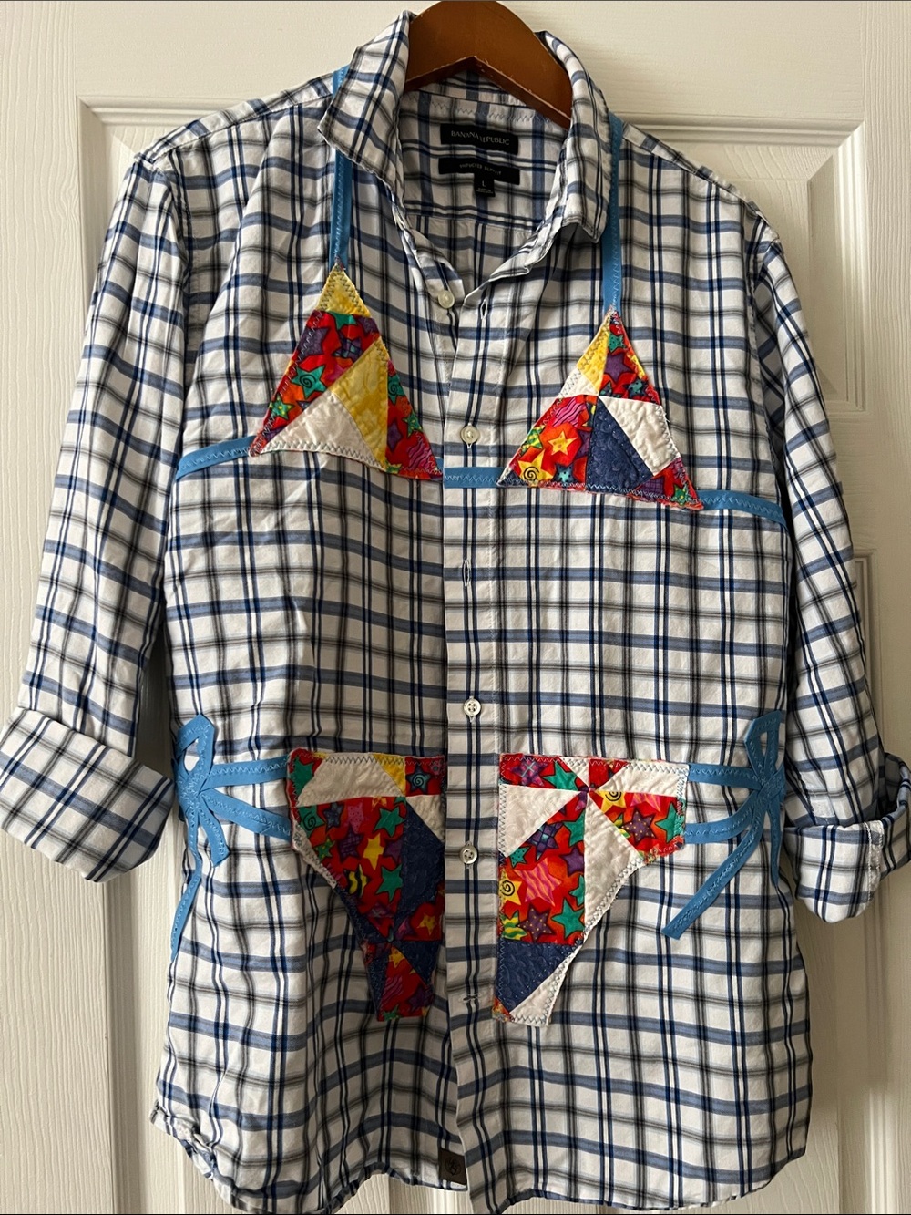 Up cycled  Banana Republic women’s  (Mens) Blue and White Plaid Button-Up Shirt